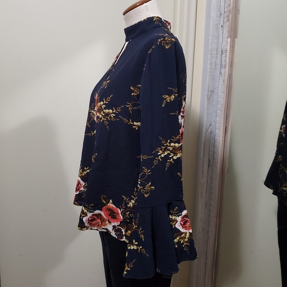 Navy Floral Bell Sleeve Keyhole Choker Blouse S - Picture 3 of 8